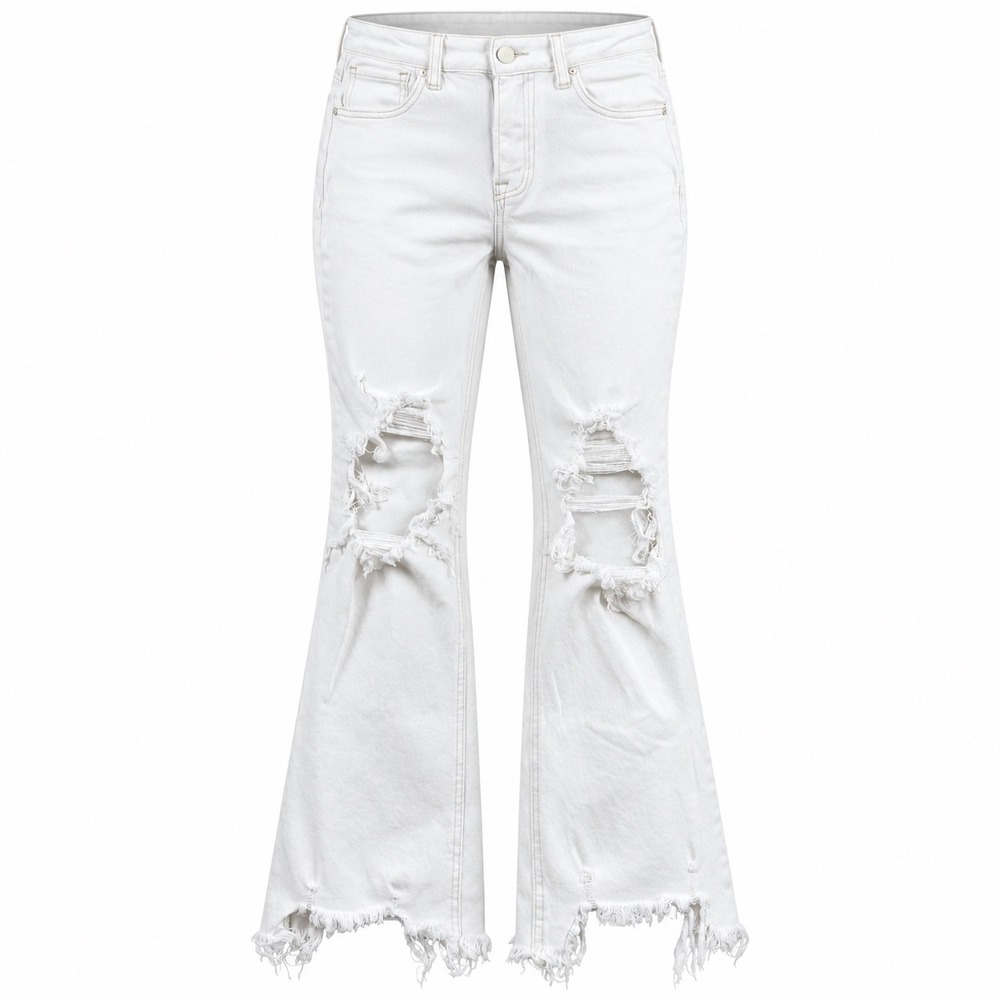 Risen Jeans Distressed Flare Sharkbite Hem Denim Pants 11/30 White coastal Y2K